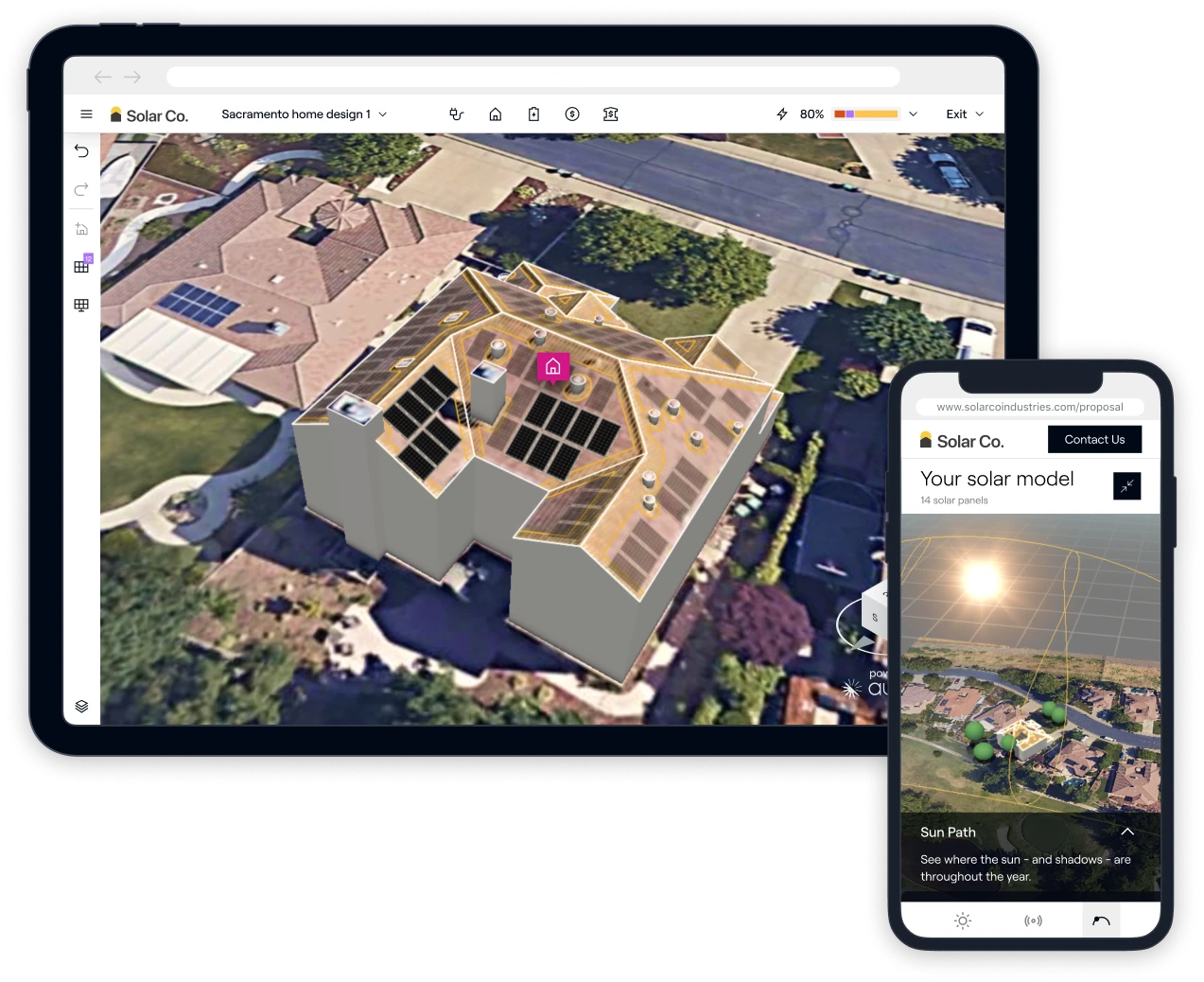 Designing a solar panel installation plan on a digital tablet using a 3d aerial view of a residential house.