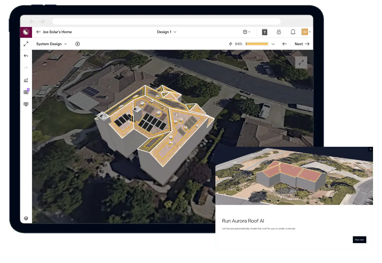 Website display of a residential solar panel installation 3D model on a rooftop.