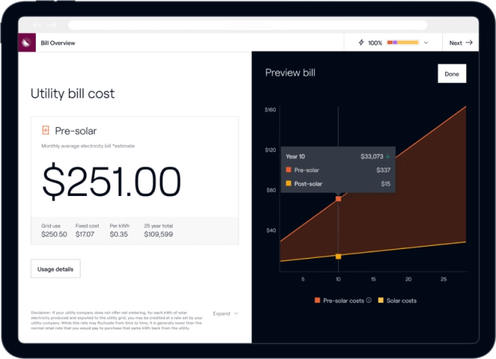 Utility bill comparison pre and post-solar installation in a browser window.