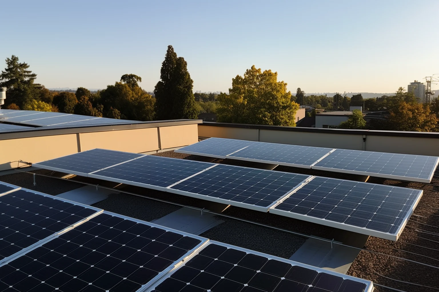 Ein Foto von Aufdach-PV: Mehrere Module in Reihen auf einem flachen Dach
