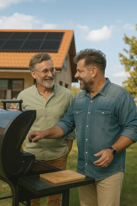 Zwei Männer stehen an einem Grill vor einem Haus mit einer Solaranlage auf dem Dach