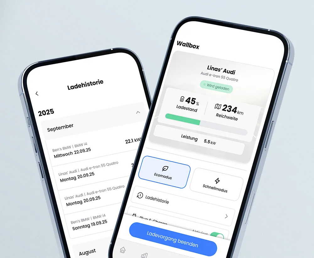 Zwei App-Screens der Infravoltaic App mit Wallbox-Funktionen