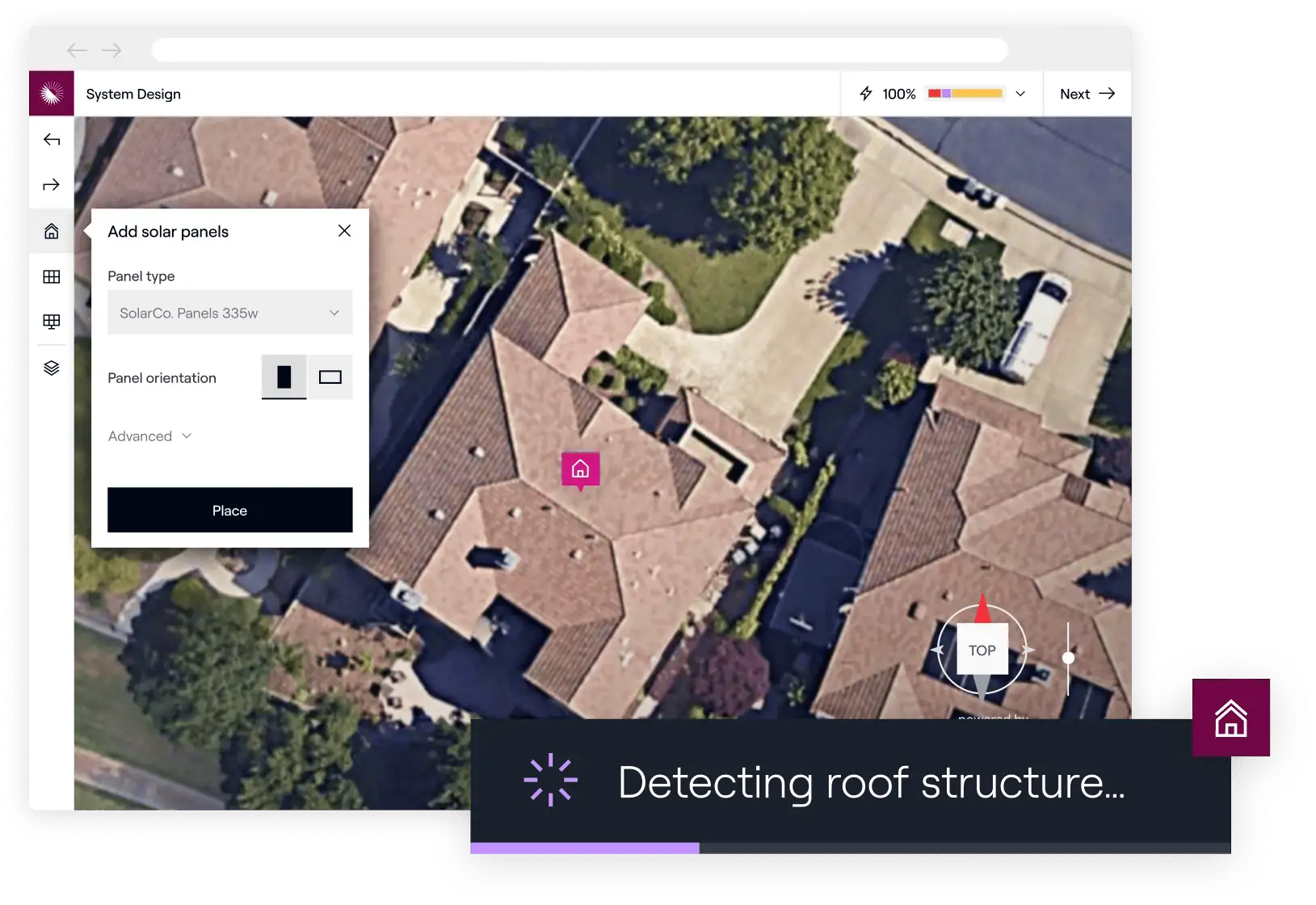 Solar panel installation planning tool on an aerial neighborhood view for roof design
