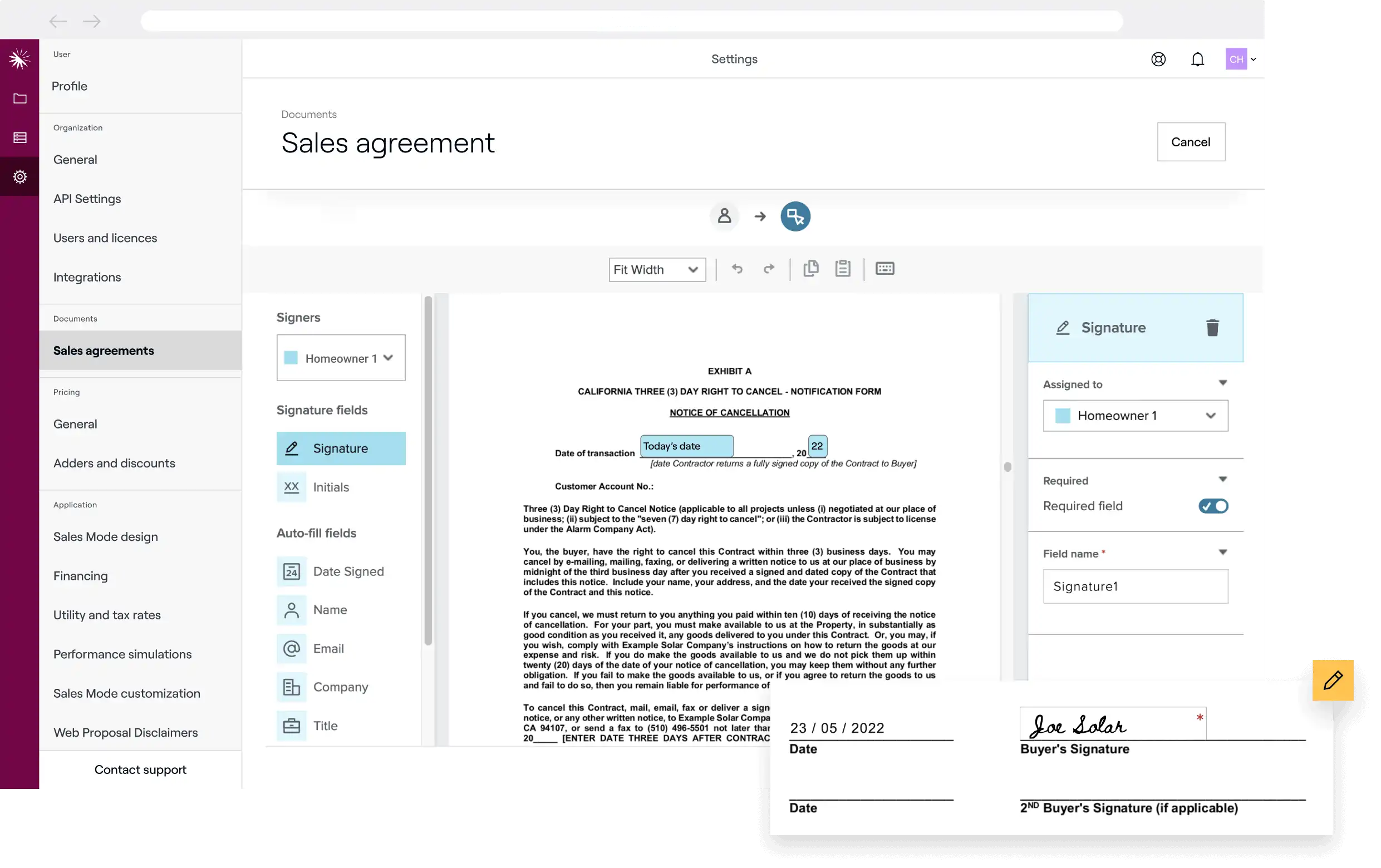Document management interface showing status of various agreements.