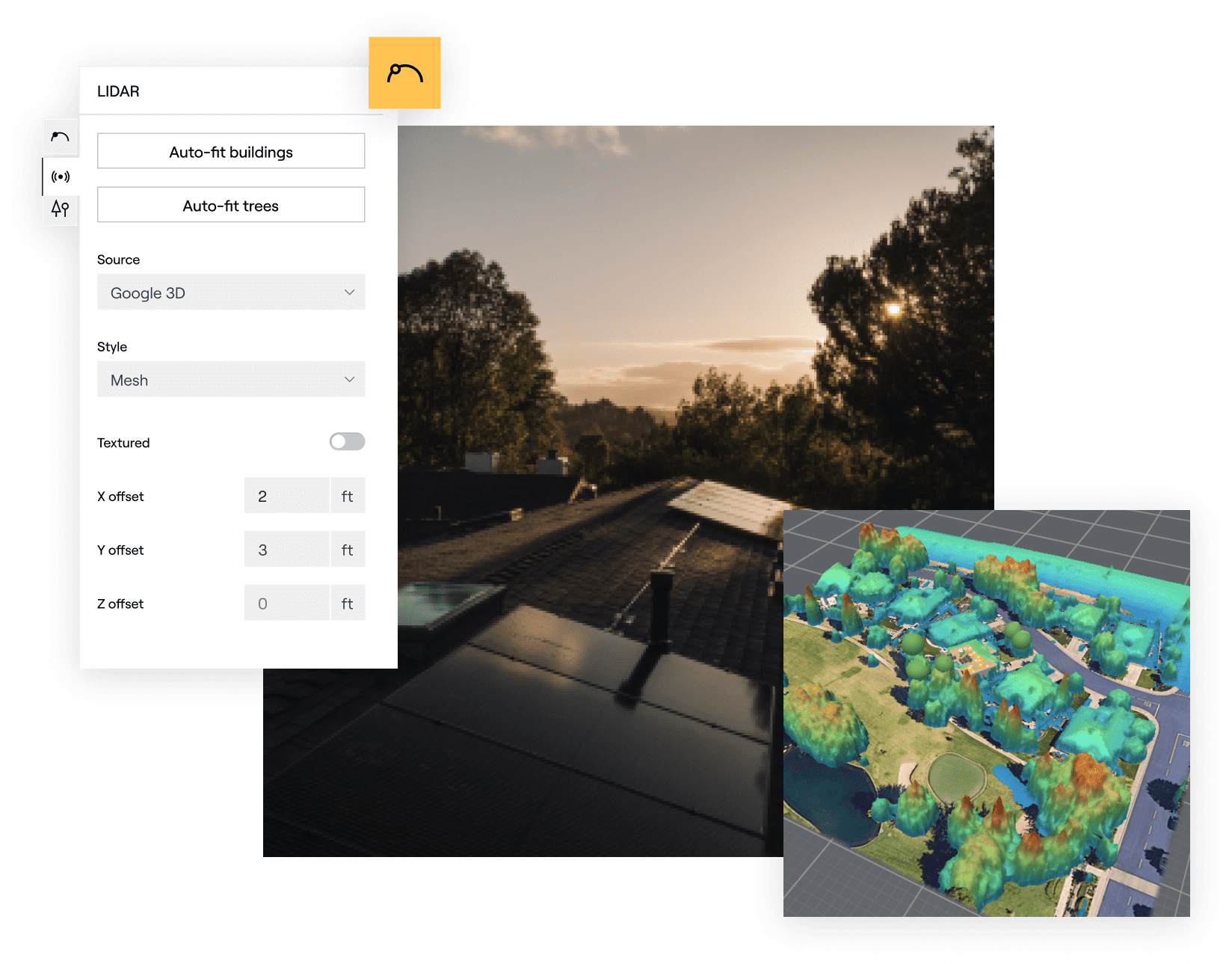A screenshot of a 3d mapping software interface demonstrating the rendering of a residential area with trees, using lidar data.