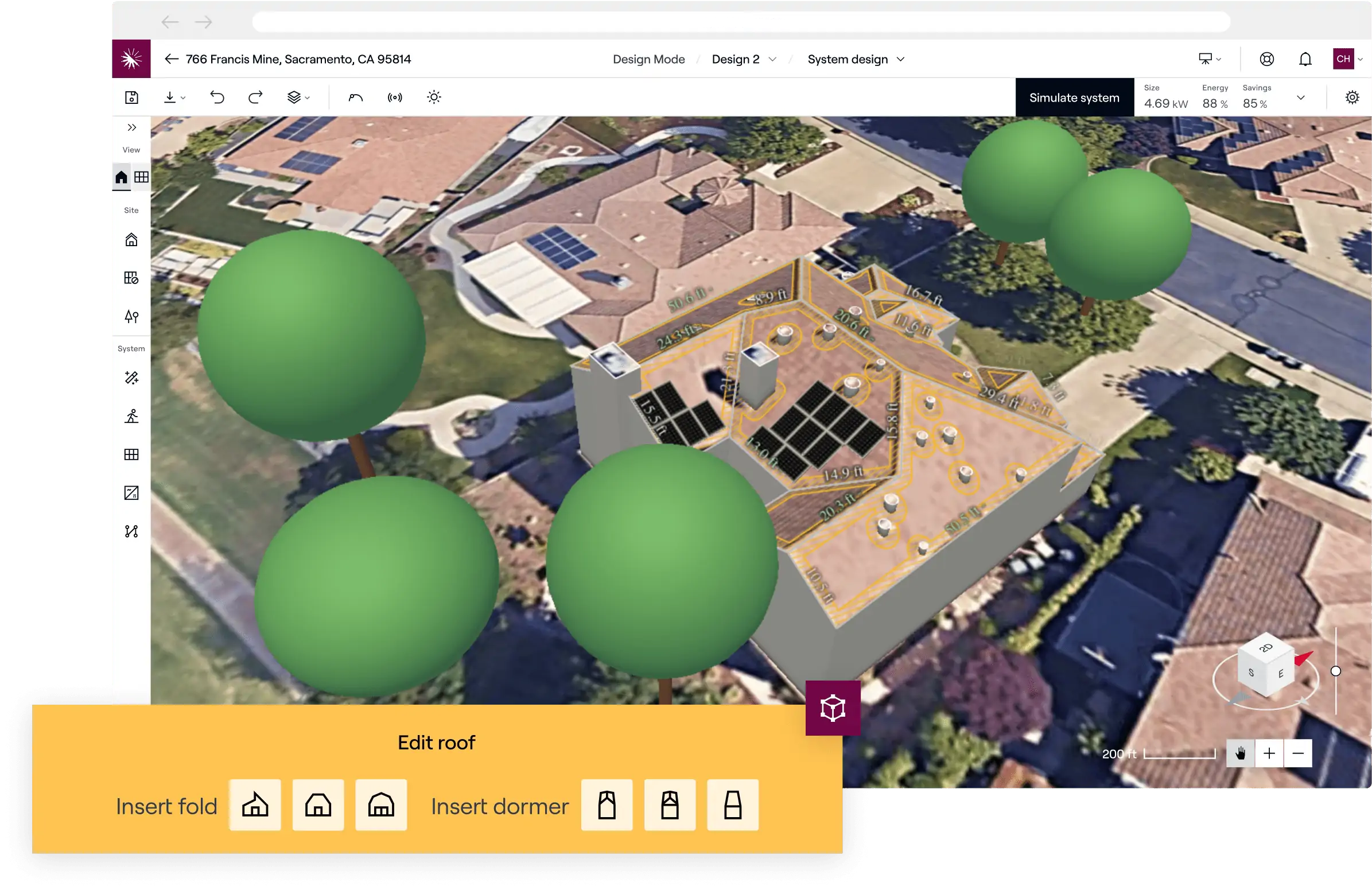 3D modeling app screen, editing a house roof with green spheres for trees/landscaping.