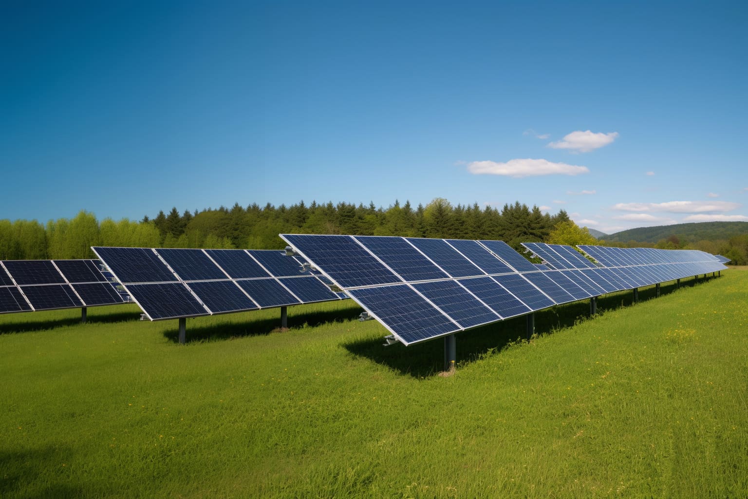 Foto von Freiflächenphotovoltaik bzw. eines Solarparks. Es sind mehrere Module übereinander und nebeneinander in Reihe montiert. 