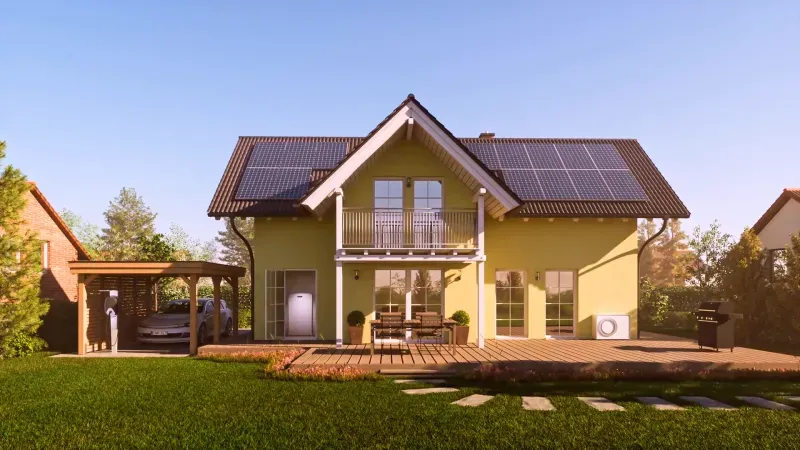 Frontalanischt eines Hauses mit Solaranlage, Wärmepumpe und Speicher