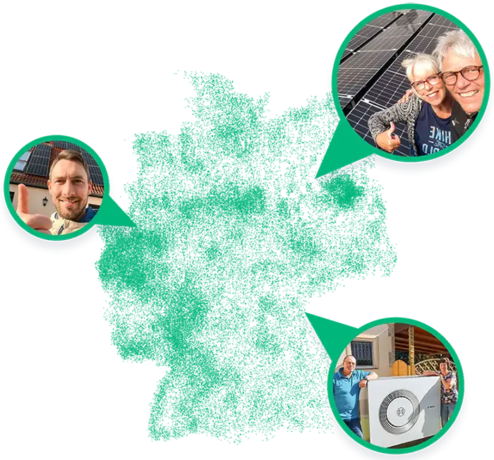 Grüne Deutschlandkarte mit drei hervorgehobenen Orten, wo jeweils kleine runde Fotos von Infravoltaic Kunden zu sehen sind