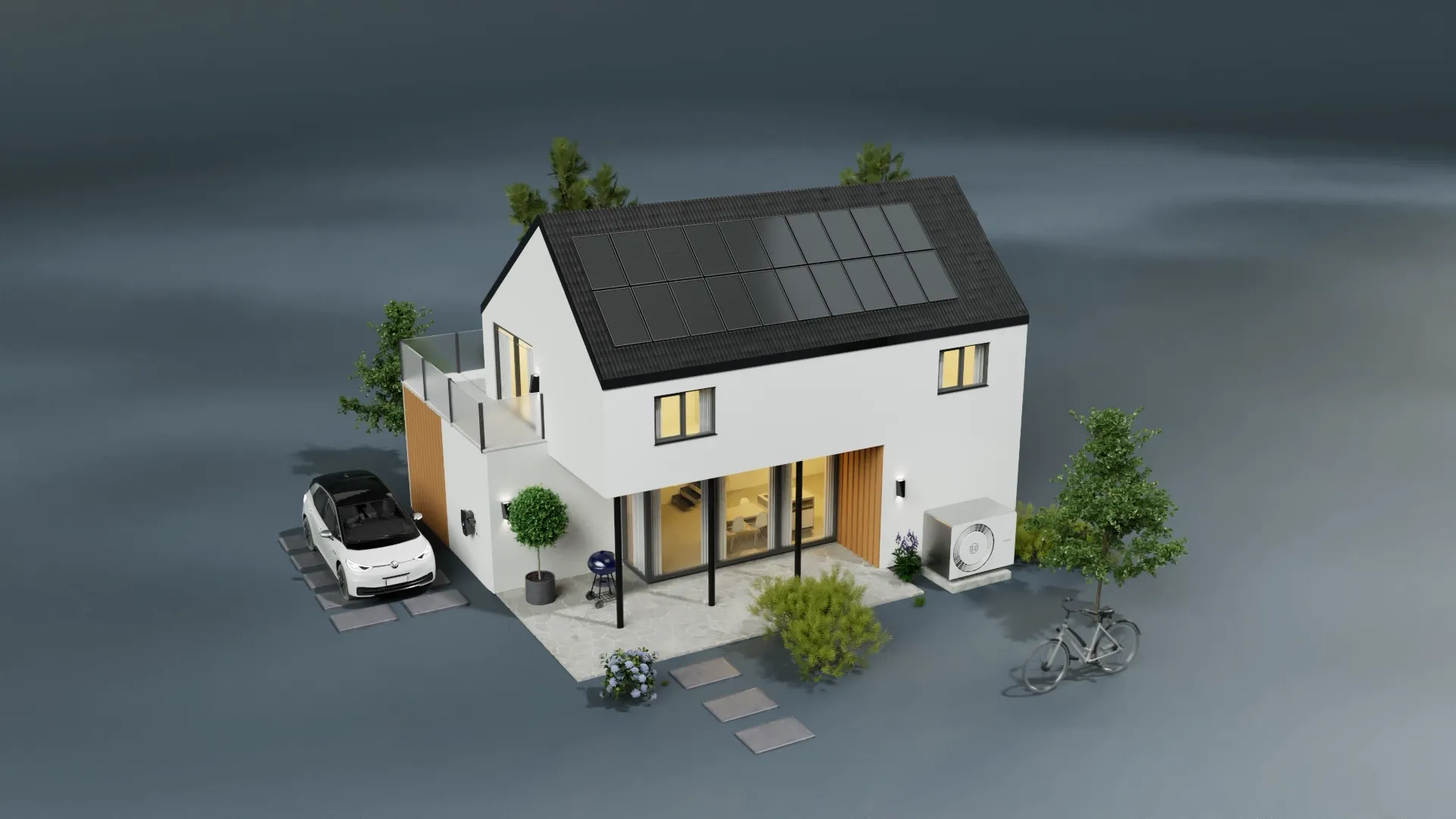 Modernes Haus mit Solaranlage, Wärmepumpe und Wallbox